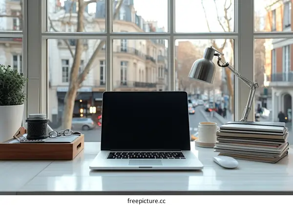 A desk with a laptop, lamp, books, and coffee cup with a view of the city outside the window