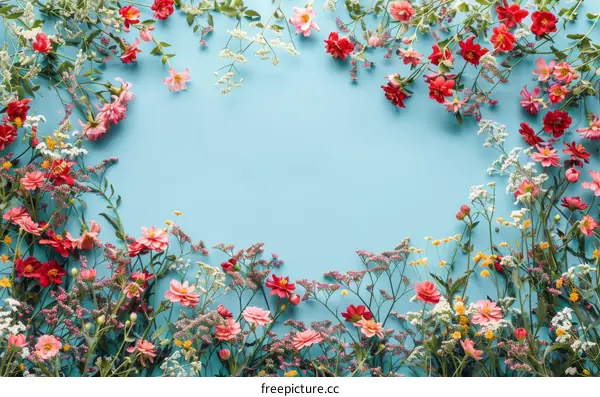 vibrant floral frame of various wildflowers against blue background