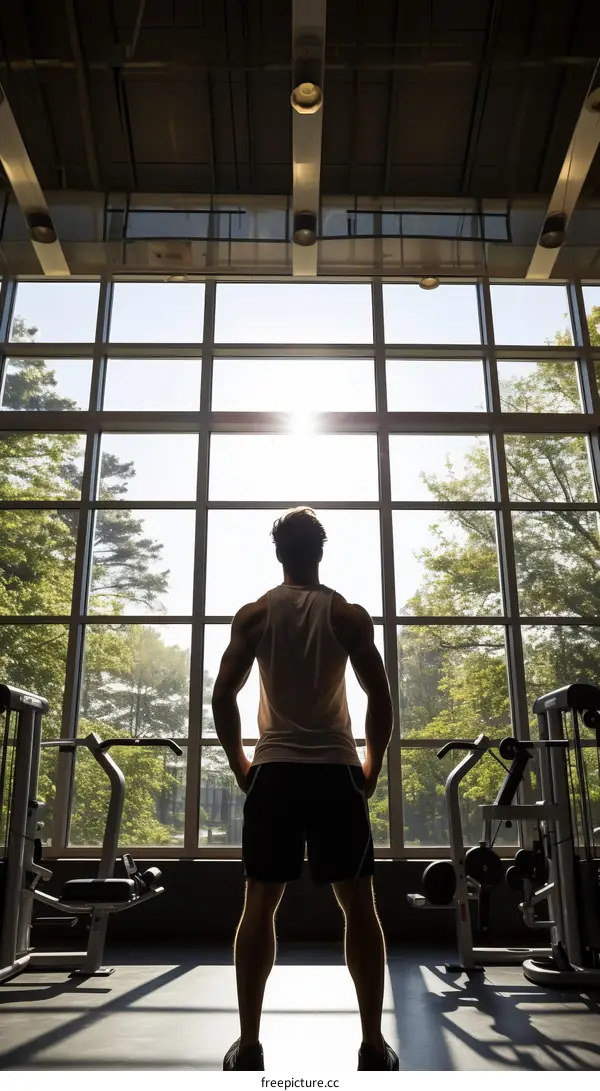 muscular man looking out of gym window