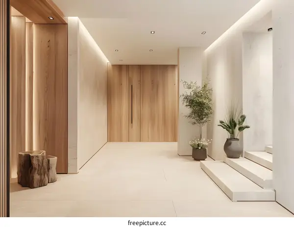 Minimalist Modern Interior Design Entryway with Wooden Doors and Stone Walls