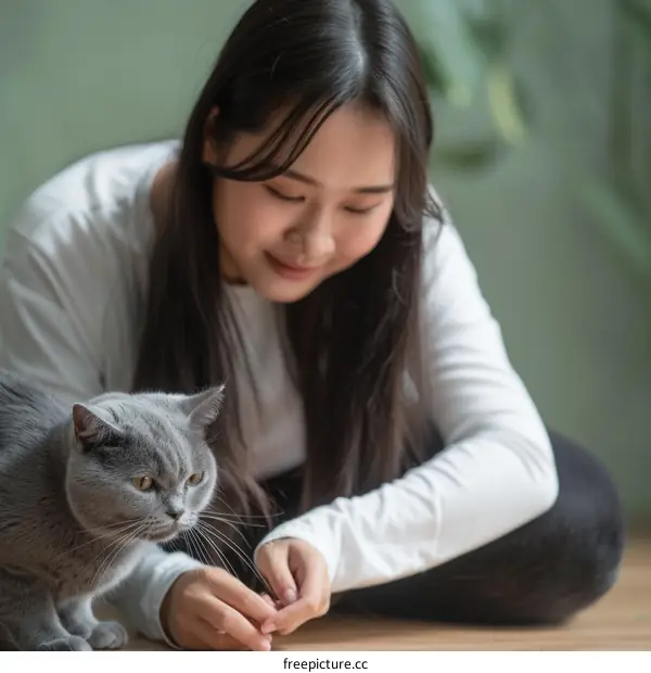 A young Asian woman is playing with a British shorthair cat on the floor