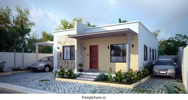 Modern House Design with Landscaping and Cars