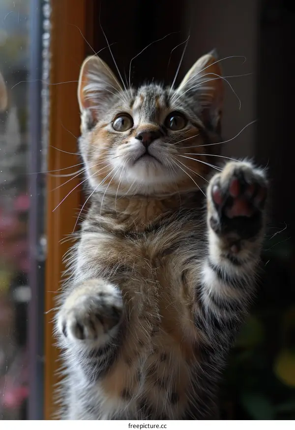 A cute tabby cat looking through a window