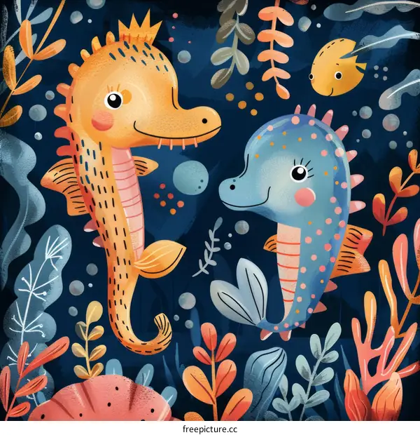 Two Joyful Seahorses Swim in the Deep Blue Sea