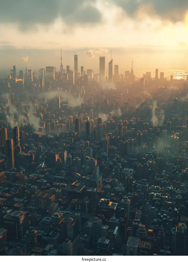 A bustling metropolis with skyscrapers reaching towards the sky