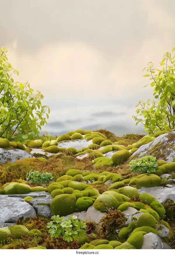 Green Mossy Rocks Landscape With Cloudy Sky