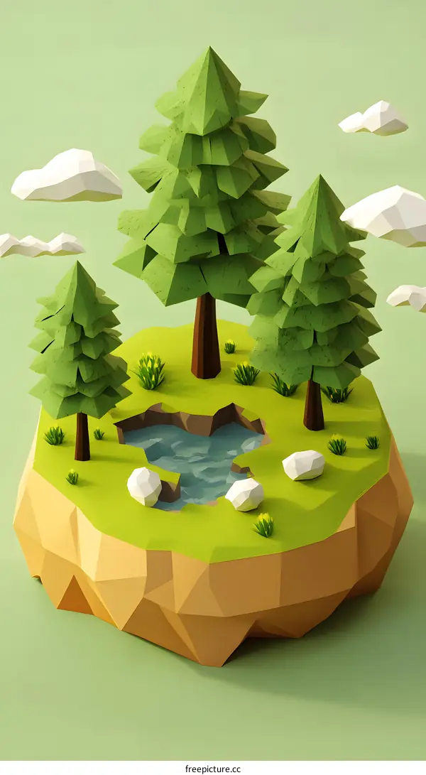 Low Poly Forest Scene with Trees and Clouds