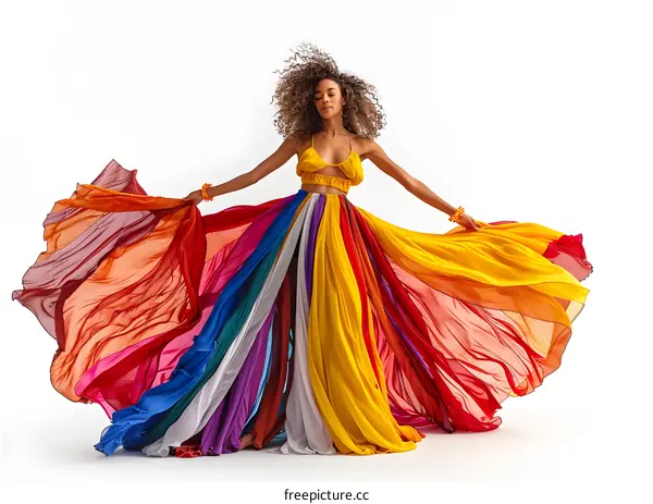 A woman of color wearing a flowing rainbow dress