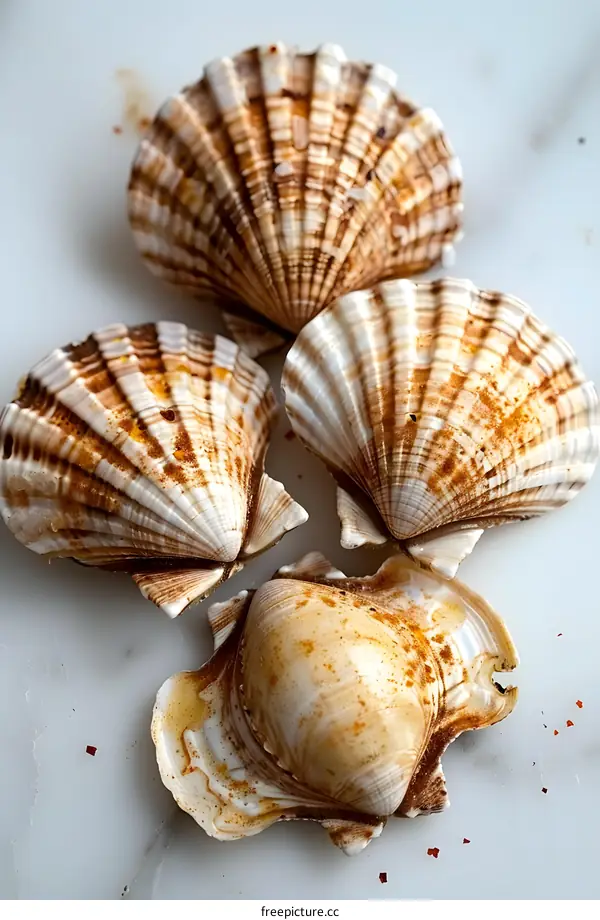 Four opened scallops on a marble surface