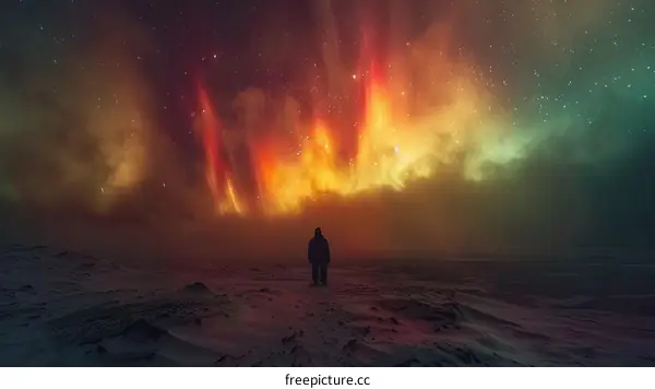 Aurora borealis landscape with a solitary figure standing in the foreground