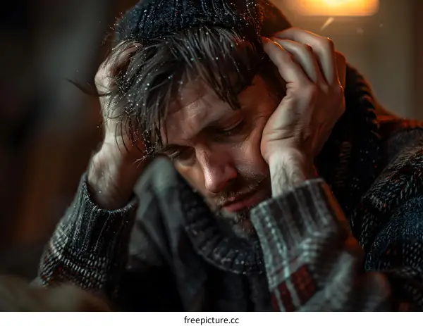 Man With Cold Face Rubbing His Eyes With Hands