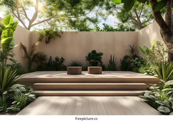 Minimalist Wooden Platform with Greenery and Sunlight
