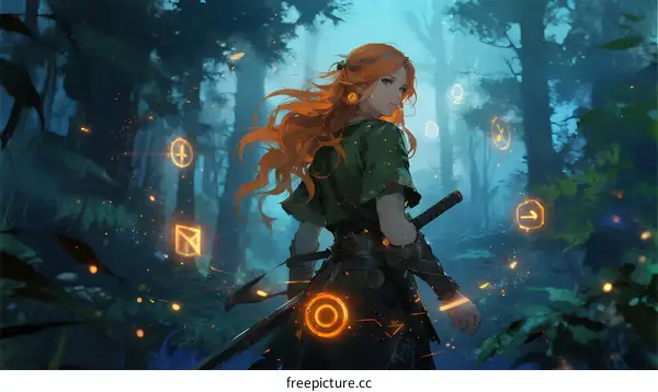 Female warrior with glowing symbols in misty forest