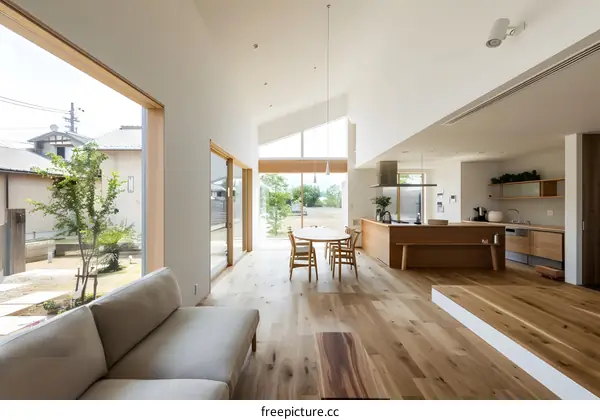 Modern Japanese Style Living Room with Kitchen and Garden View