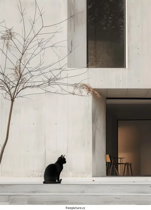Black Cat Before Concrete Building