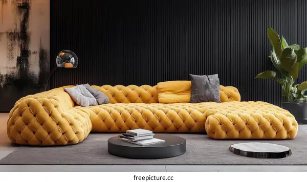 Modern Mustard Yellow Sectional Sofa with Pillows and Coffee Table