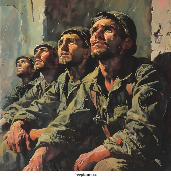 Four soldiers looking up at a building