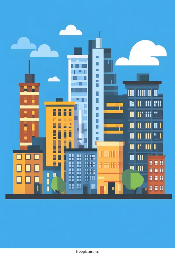 Illustration of a City Skyline with Buildings and Clouds