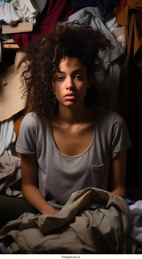 Young woman surrounded by clothes