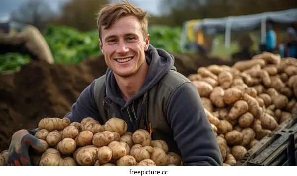 A young male farmer is sitting on a pile of potatoes and smiling.