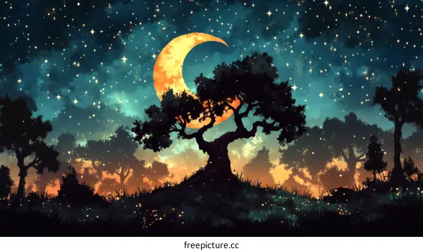 Starry Night Forest with Crescent Moon