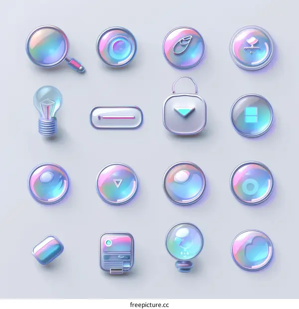 A Set of 3D Holographic App and Interface Icons
