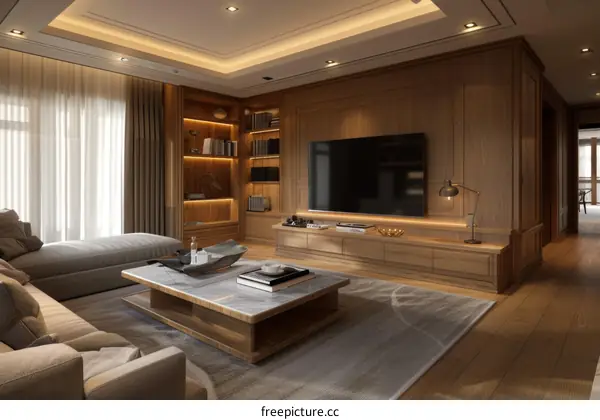 Modern Living Room with Wood Accents and Geometric Details