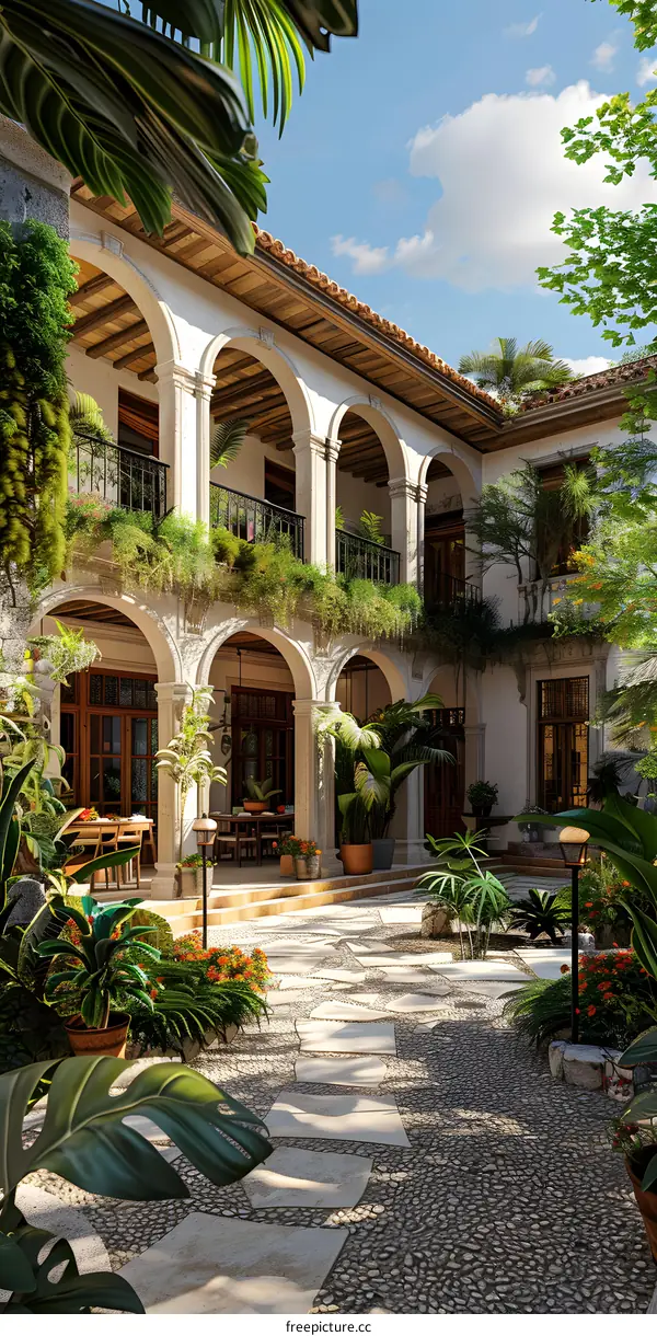 Courtyard of a Spanish style house with plants and a stone floor
