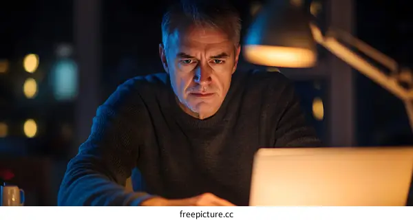 Serious Caucasian Man Working Late at Night on Laptop