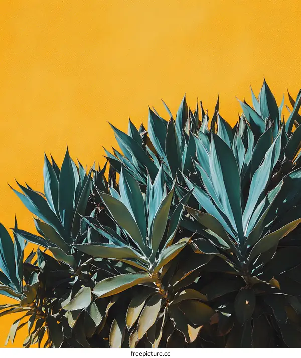 Blue Green Plant Against Yellow Wall