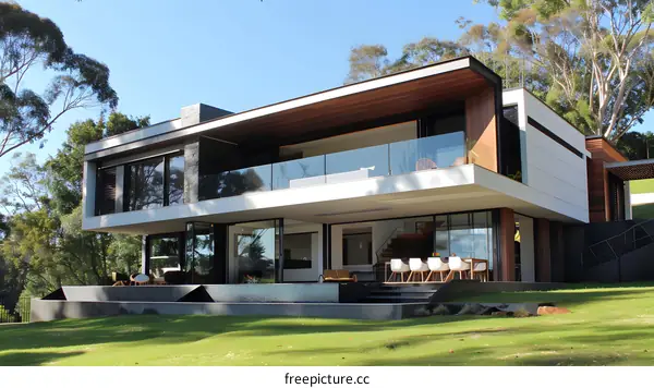 Modern Minimalist Home Design With Large Windows And Green Grass