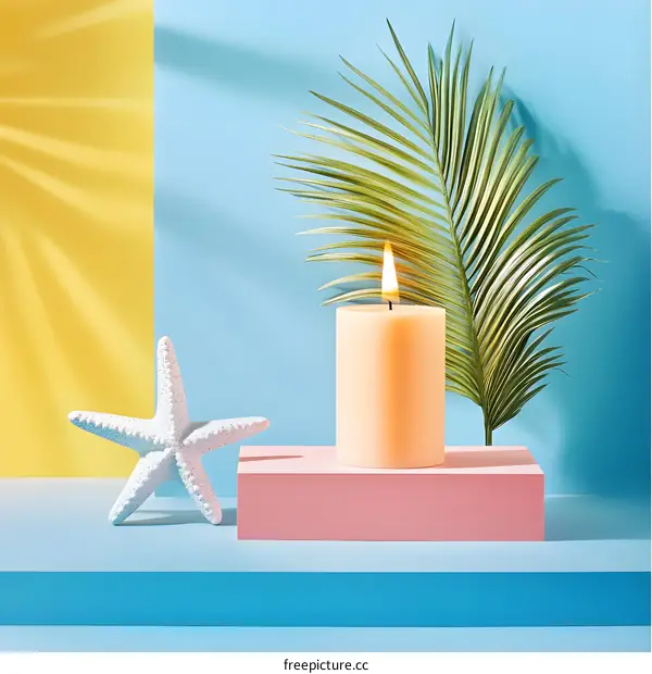 Summer Candle With Palm Leaf and Starfish Decoration