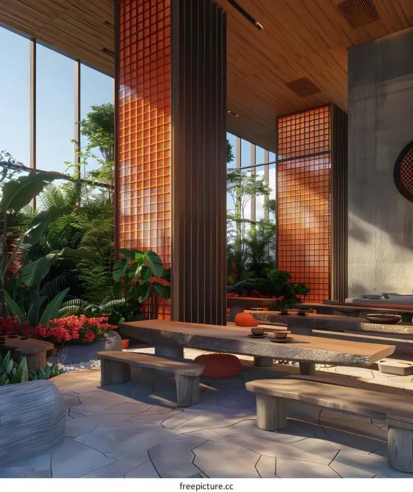 Modern Japanese Garden Design With Wood Table And Bench