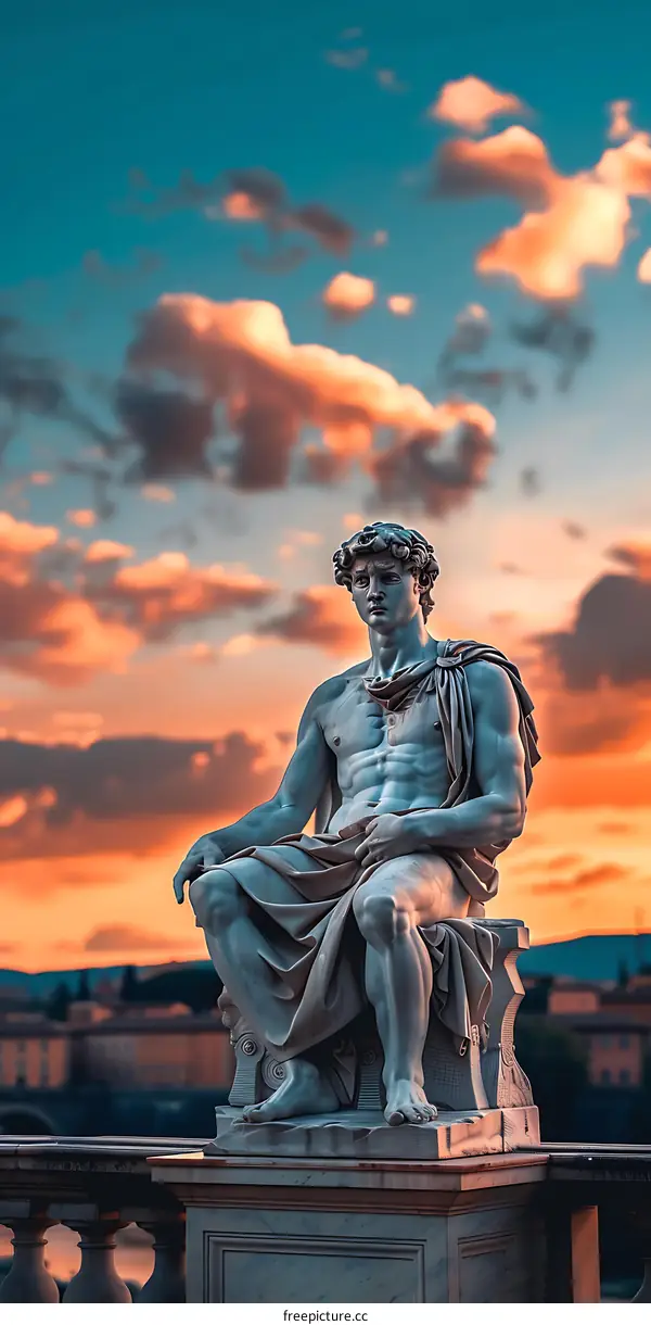 Statue of a Man Sitting Against a Sunset Sky