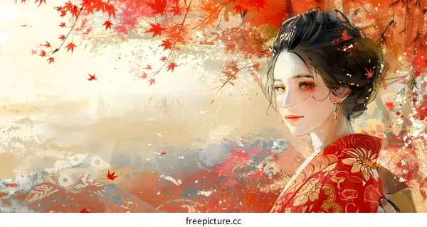 An illustration of a beautiful Asian woman with red and black hair wearing a red kimono with white and gold accents standing in a field of red maple leaves.