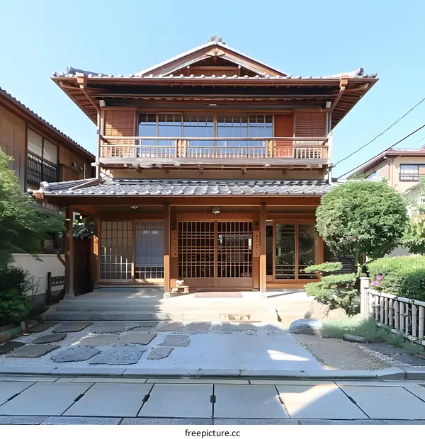Traditional Japanese Wooden House with Stone Pathway and Greenery