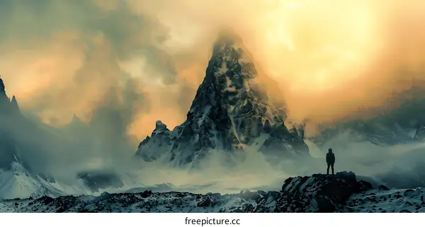 Lone Figure Standing on a Mountain Peak with Fog and Snow