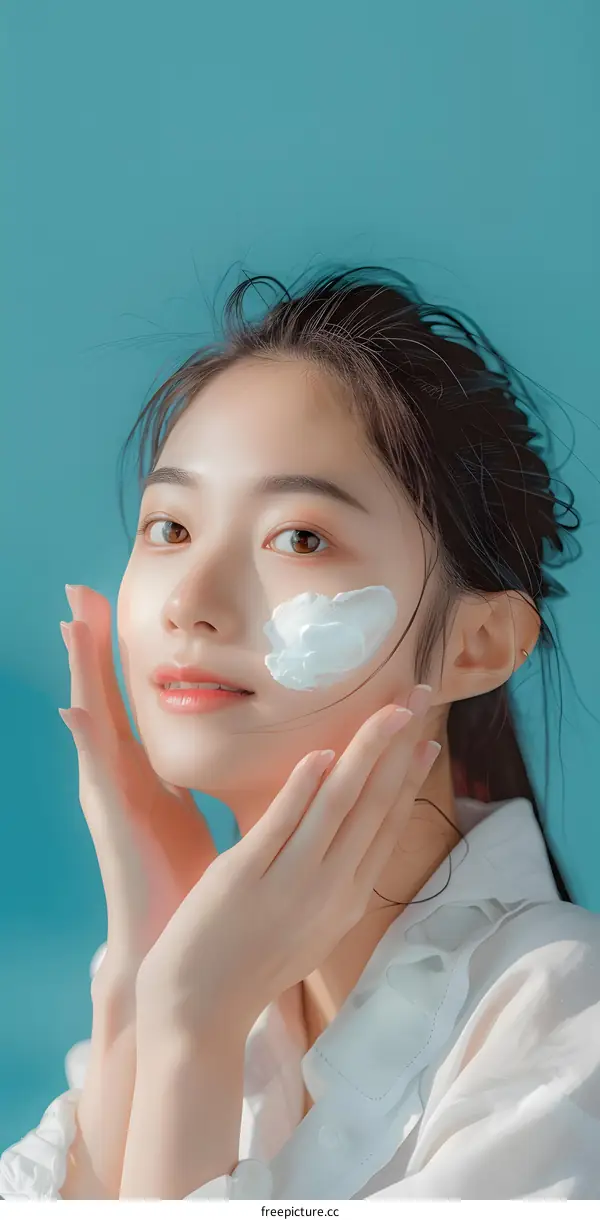 Beautiful Asian Woman Applying Facial Mask on Blue Background