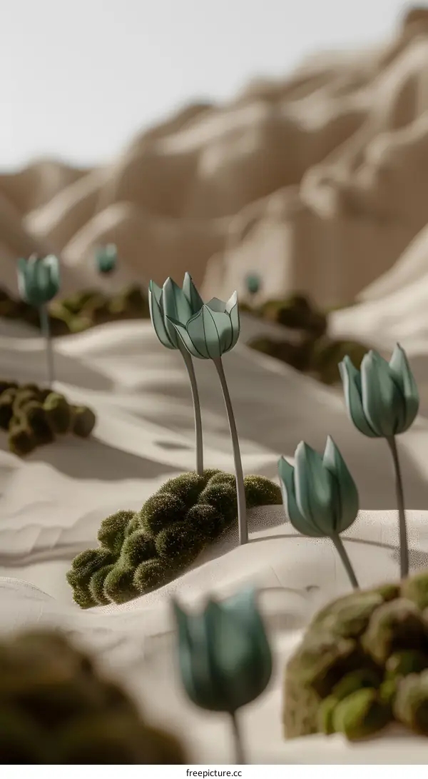 Abstract Green Tulips in Desert Landscape