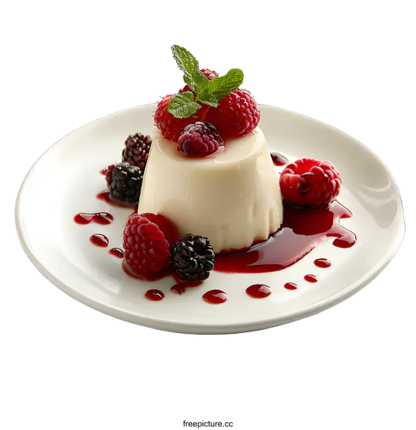 [Transparent Background PNG]Panna cotta dessert with berries and mint