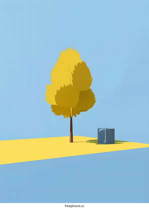 Minimalist Digital Illustration of a Tree and a Cube in a Yellow and Blue Landscape