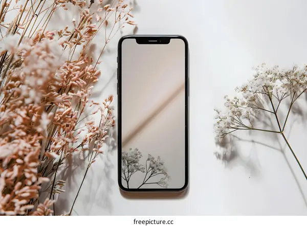 Minimalist Phone with Dried Flowers Flat Lay