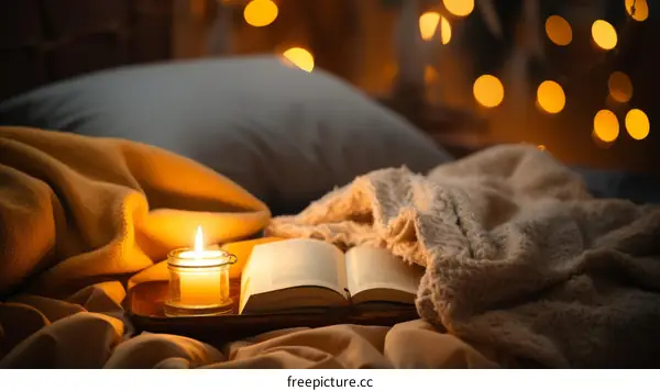 A cozy bedroom with a candle and a book