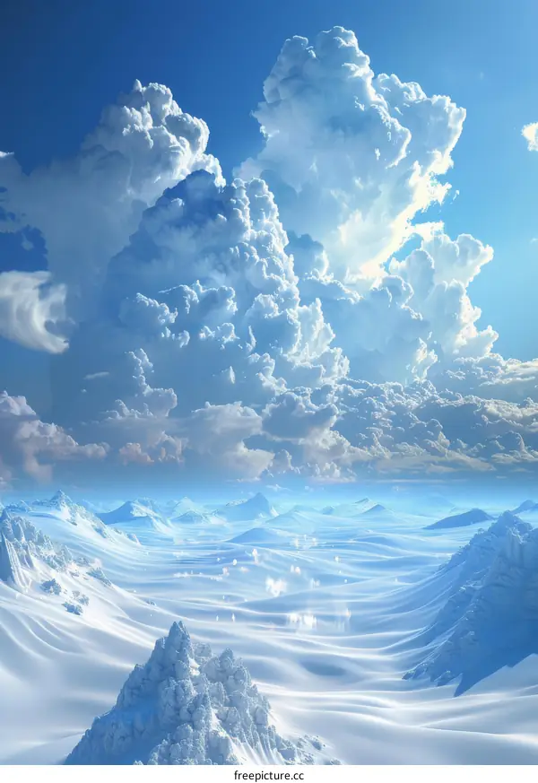 A vast snow field under a blue sky with white clouds
