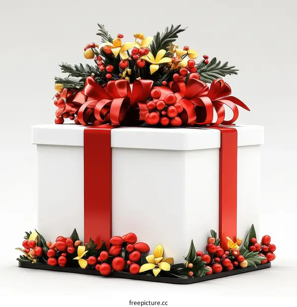 Christmas Gift Box with Decorative Ribbon and Flowers