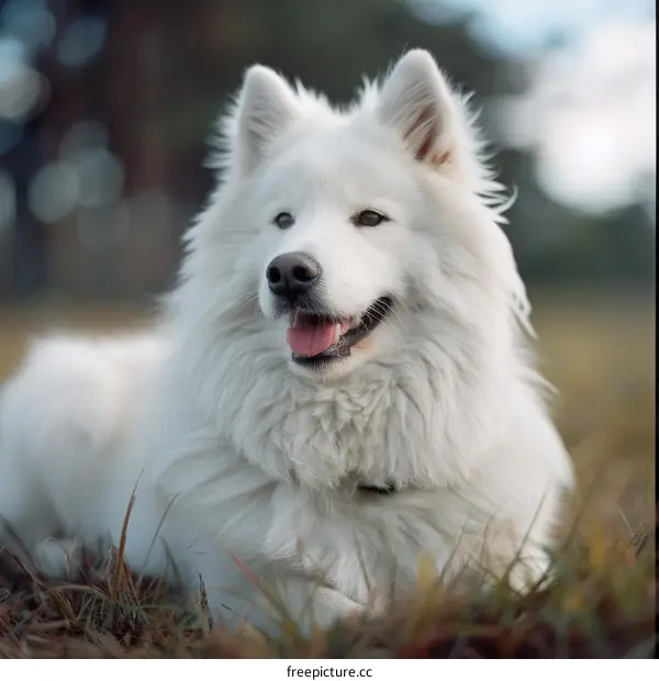 A white fluffy dog is lying in the grass and looking at the camera.