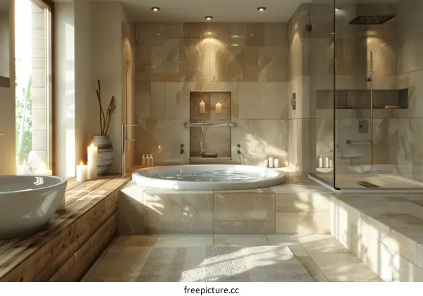 Bathroom interior with bathtub, sink and shower