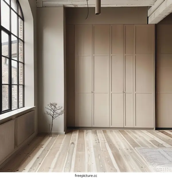 Minimalist Modern Interior Design with Wooden Floors and Large Cabinets