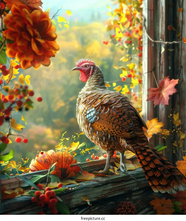 Vibrant Turkey Stands Before Colorful Fall Foliage