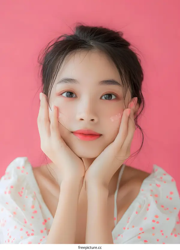 Young Asian Woman With Pink Makeup Posing Against Pink Background